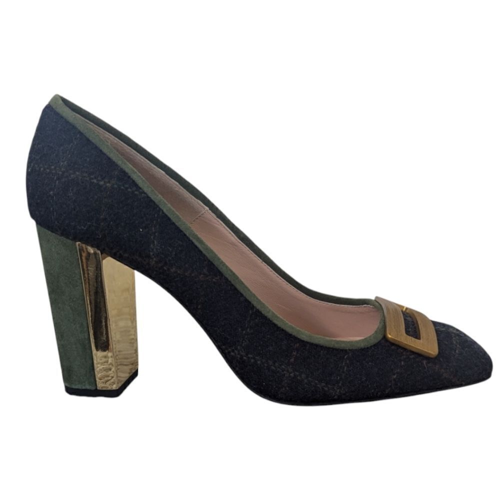 Hannibal Laguna Women's EU 40 Navy Wool Tartan Plaid Suede Pumps Square Toe - Picture 3 of 11